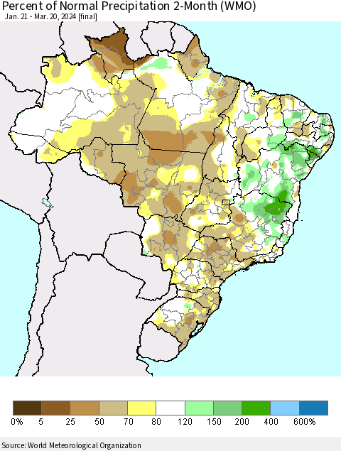 Brazil Percent of Normal Precipitation 2-Month (WMO) Thematic Map For 1/21/2024 - 3/20/2024