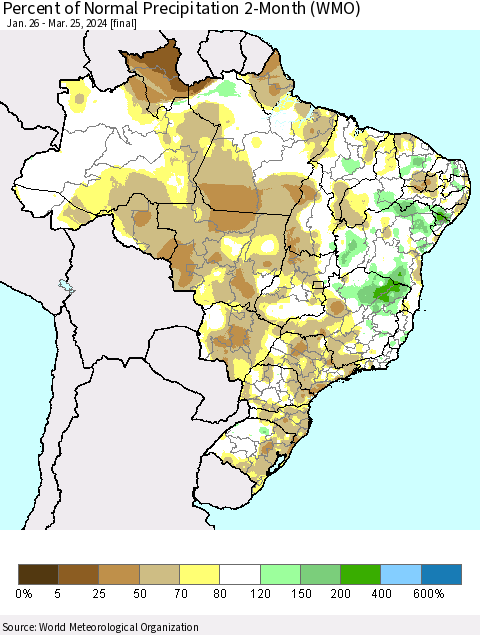 Brazil Percent of Normal Precipitation 2-Month (WMO) Thematic Map For 1/26/2024 - 3/25/2024