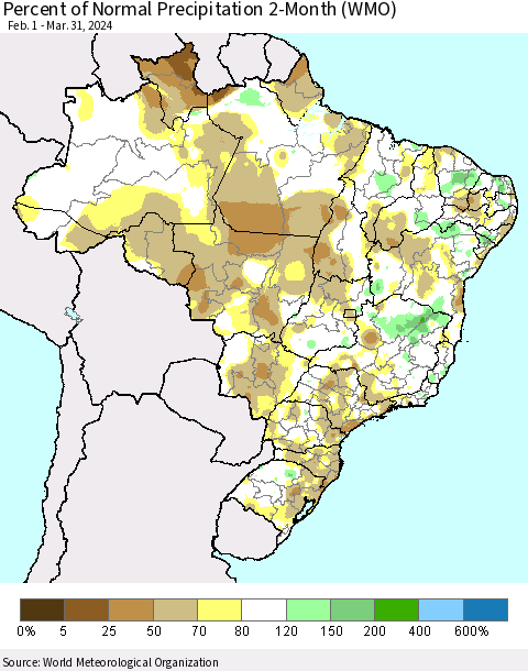 Brazil Percent of Normal Precipitation 2-Month (WMO) Thematic Map For 2/1/2024 - 3/31/2024