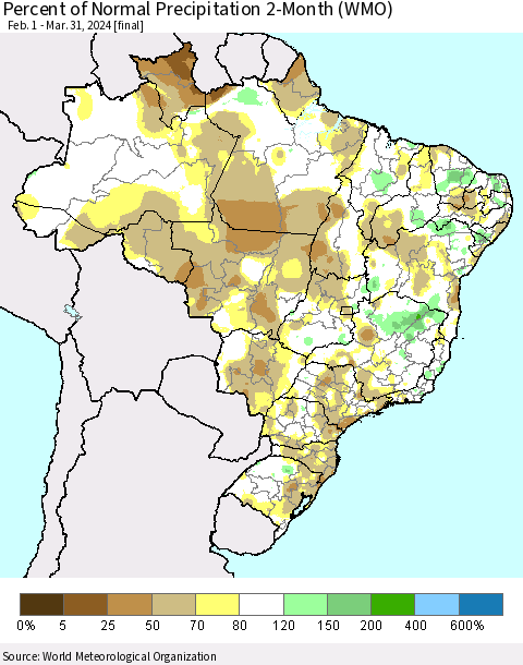 Brazil Percent of Normal Precipitation 2-Month (WMO) Thematic Map For 2/1/2024 - 3/31/2024