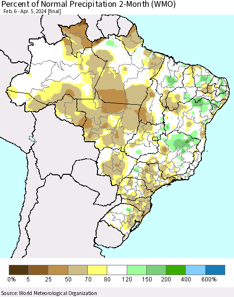 Brazil Percent of Normal Precipitation 2-Month (WMO) Thematic Map For 2/6/2024 - 4/5/2024