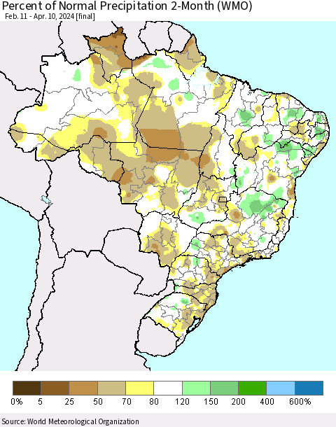 Brazil Percent of Normal Precipitation 2-Month (WMO) Thematic Map For 2/11/2024 - 4/10/2024