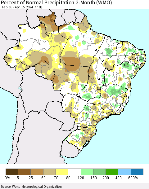 Brazil Percent of Normal Precipitation 2-Month (WMO) Thematic Map For 2/16/2024 - 4/15/2024