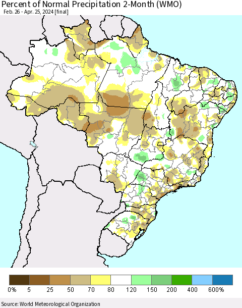 Brazil Percent of Normal Precipitation 2-Month (WMO) Thematic Map For 2/26/2024 - 4/25/2024