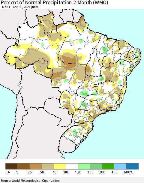 Brazil Percent of Normal Precipitation 2-Month (WMO) Thematic Map For 3/1/2024 - 4/30/2024