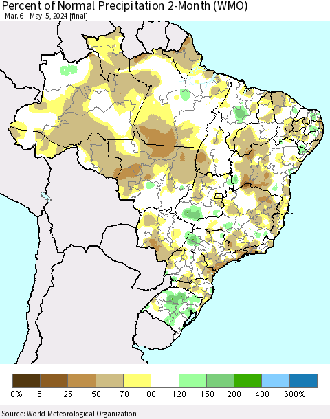 Brazil Percent of Normal Precipitation 2-Month (WMO) Thematic Map For 3/6/2024 - 5/5/2024