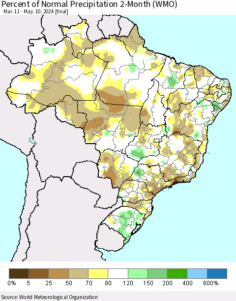 Brazil Percent of Normal Precipitation 2-Month (WMO) Thematic Map For 3/11/2024 - 5/10/2024
