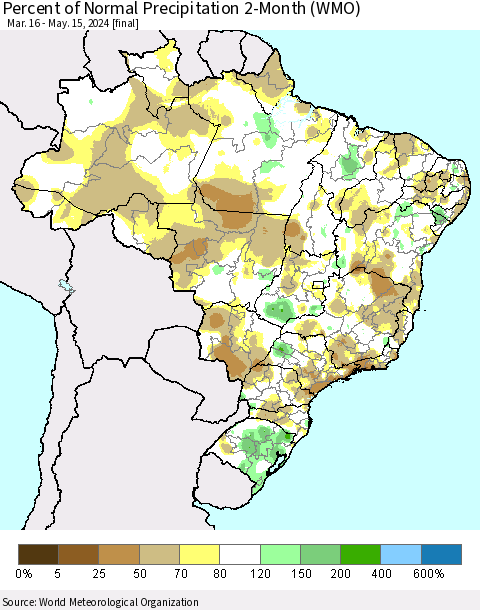 Brazil Percent of Normal Precipitation 2-Month (WMO) Thematic Map For 3/16/2024 - 5/15/2024