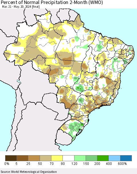Brazil Percent of Normal Precipitation 2-Month (WMO) Thematic Map For 3/21/2024 - 5/20/2024