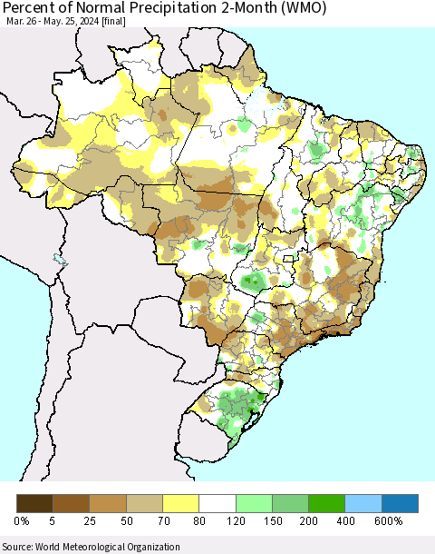 Brazil Percent of Normal Precipitation 2-Month (WMO) Thematic Map For 3/26/2024 - 5/25/2024