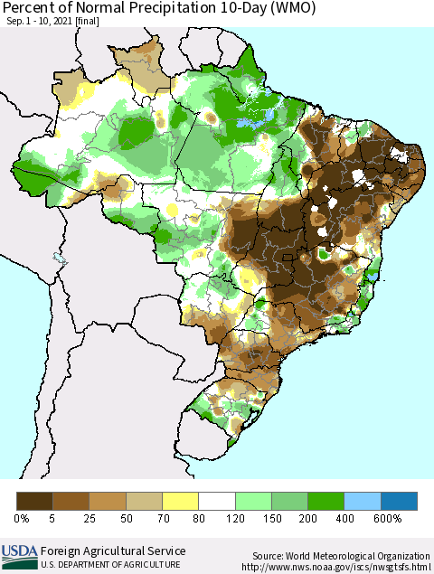 Brazil Percent of Normal Precipitation 10-Day (WMO) Thematic Map For 9/1/2021 - 9/10/2021