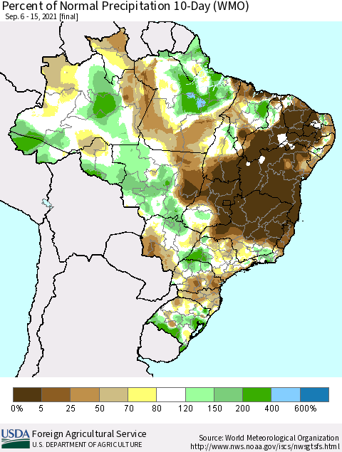 Brazil Percent of Normal Precipitation 10-Day (WMO) Thematic Map For 9/6/2021 - 9/15/2021