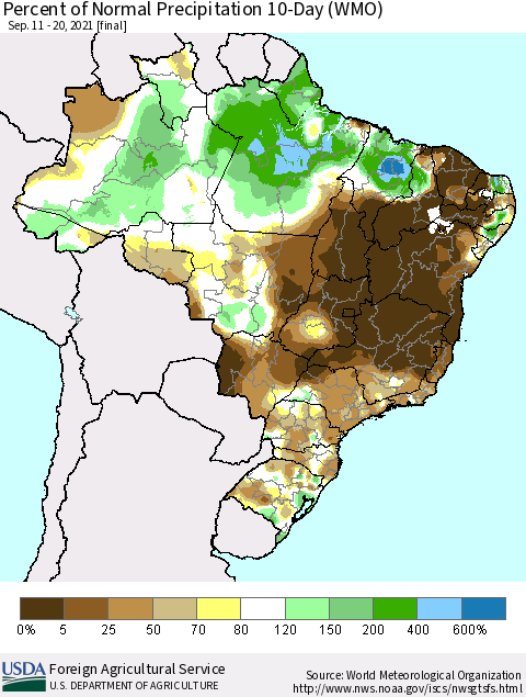 Brazil Percent of Normal Precipitation 10-Day (WMO) Thematic Map For 9/11/2021 - 9/20/2021