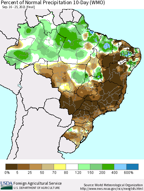 Brazil Percent of Normal Precipitation 10-Day (WMO) Thematic Map For 9/16/2021 - 9/25/2021