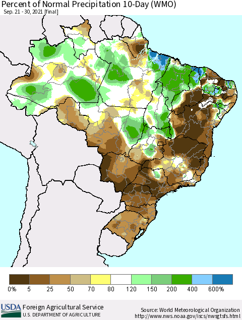Brazil Percent of Normal Precipitation 10-Day (WMO) Thematic Map For 9/21/2021 - 9/30/2021