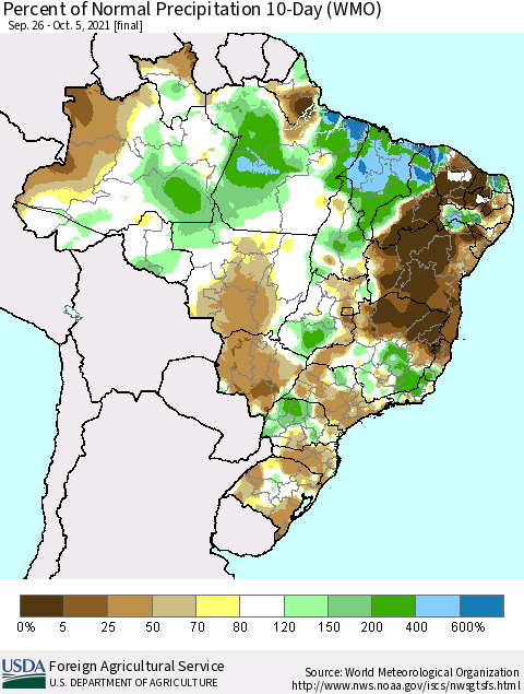 Brazil Percent of Normal Precipitation 10-Day (WMO) Thematic Map For 9/26/2021 - 10/5/2021