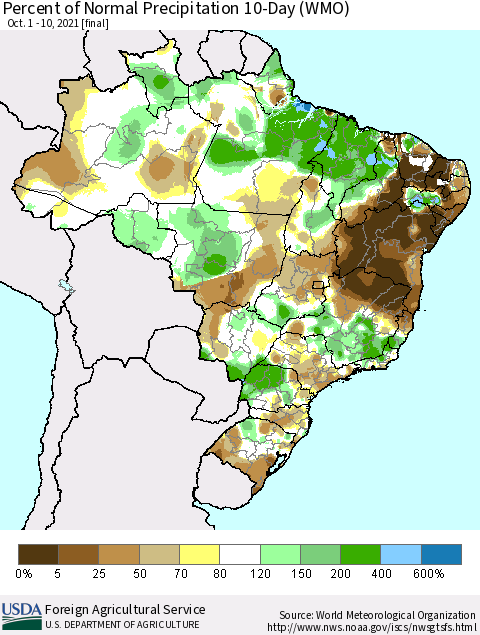 Brazil Percent of Normal Precipitation 10-Day (WMO) Thematic Map For 10/1/2021 - 10/10/2021