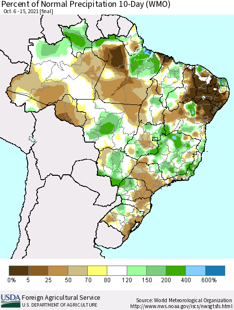 Brazil Percent of Normal Precipitation 10-Day (WMO) Thematic Map For 10/6/2021 - 10/15/2021