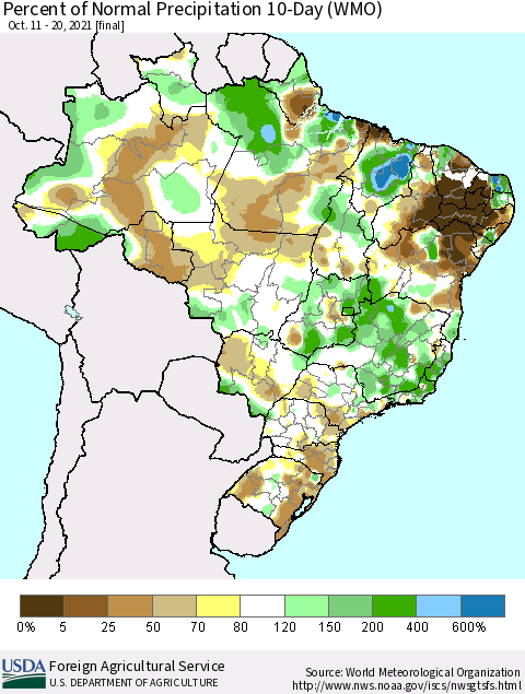 Brazil Percent of Normal Precipitation 10-Day (WMO) Thematic Map For 10/11/2021 - 10/20/2021