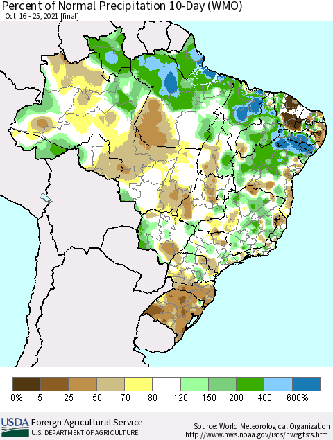 Brazil Percent of Normal Precipitation 10-Day (WMO) Thematic Map For 10/16/2021 - 10/25/2021