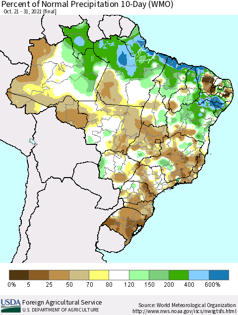 Brazil Percent of Normal Precipitation 10-Day (WMO) Thematic Map For 10/21/2021 - 10/31/2021