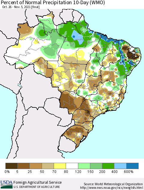 Brazil Percent of Normal Precipitation 10-Day (WMO) Thematic Map For 10/26/2021 - 11/5/2021
