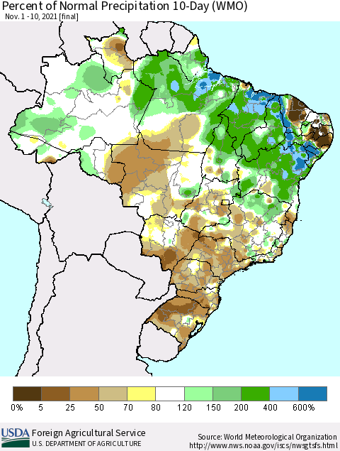 Brazil Percent of Normal Precipitation 10-Day (WMO) Thematic Map For 11/1/2021 - 11/10/2021