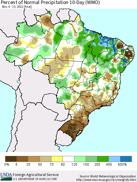 Brazil Percent of Normal Precipitation 10-Day (WMO) Thematic Map For 11/6/2021 - 11/15/2021