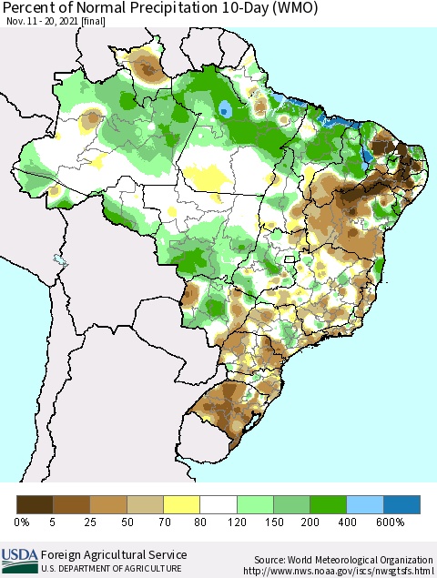 Brazil Percent of Normal Precipitation 10-Day (WMO) Thematic Map For 11/11/2021 - 11/20/2021