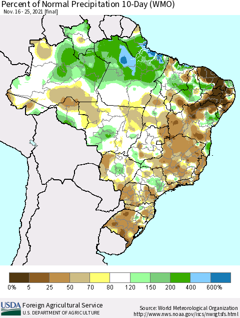 Brazil Percent of Normal Precipitation 10-Day (WMO) Thematic Map For 11/16/2021 - 11/25/2021