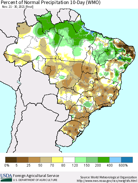 Brazil Percent of Normal Precipitation 10-Day (WMO) Thematic Map For 11/21/2021 - 11/30/2021