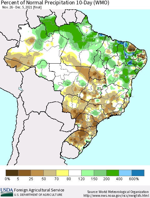 Brazil Percent of Normal Precipitation 10-Day (WMO) Thematic Map For 11/26/2021 - 12/5/2021
