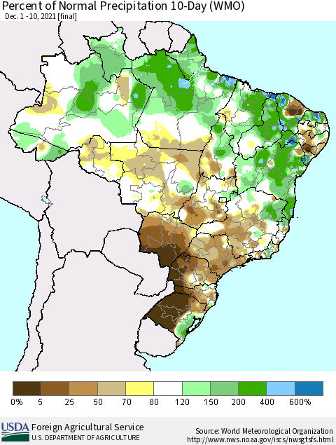 Brazil Percent of Normal Precipitation 10-Day (WMO) Thematic Map For 12/1/2021 - 12/10/2021