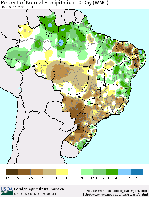 Brazil Percent of Normal Precipitation 10-Day (WMO) Thematic Map For 12/6/2021 - 12/15/2021