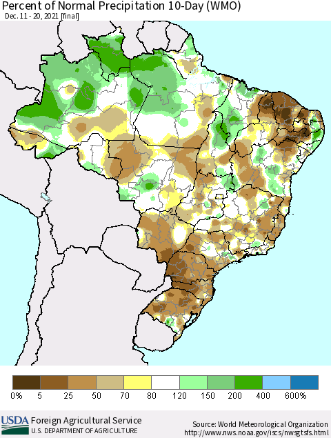 Brazil Percent of Normal Precipitation 10-Day (WMO) Thematic Map For 12/11/2021 - 12/20/2021