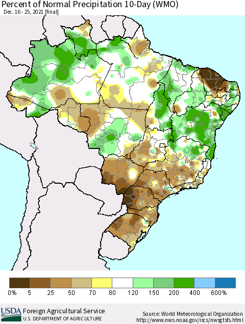 Brazil Percent of Normal Precipitation 10-Day (WMO) Thematic Map For 12/16/2021 - 12/25/2021
