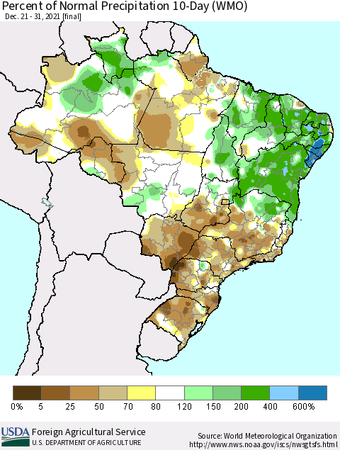 Brazil Percent of Normal Precipitation 10-Day (WMO) Thematic Map For 12/21/2021 - 12/31/2021