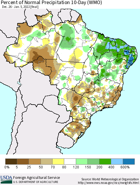 Brazil Percent of Normal Precipitation 10-Day (WMO) Thematic Map For 12/26/2021 - 1/5/2022