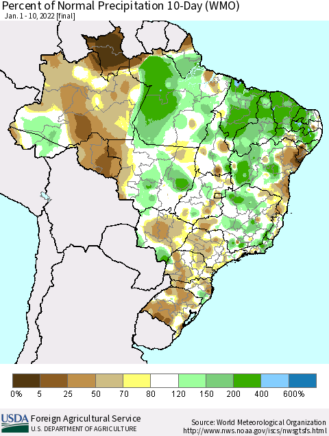 Brazil Percent of Normal Precipitation 10-Day (WMO) Thematic Map For 1/1/2022 - 1/10/2022