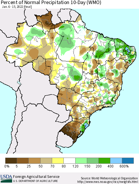 Brazil Percent of Normal Precipitation 10-Day (WMO) Thematic Map For 1/6/2022 - 1/15/2022