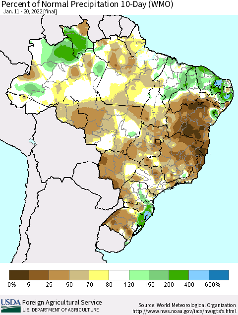 Brazil Percent of Normal Precipitation 10-Day (WMO) Thematic Map For 1/11/2022 - 1/20/2022