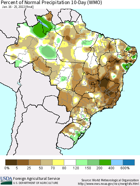 Brazil Percent of Normal Precipitation 10-Day (WMO) Thematic Map For 1/16/2022 - 1/25/2022