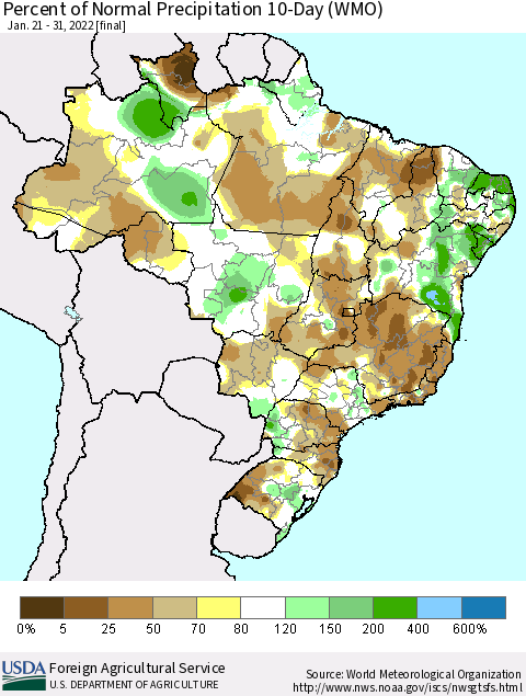 Brazil Percent of Normal Precipitation 10-Day (WMO) Thematic Map For 1/21/2022 - 1/31/2022