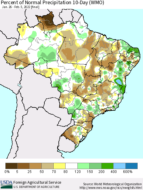 Brazil Percent of Normal Precipitation 10-Day (WMO) Thematic Map For 1/26/2022 - 2/5/2022