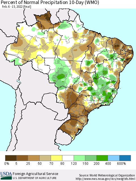 Brazil Percent of Normal Precipitation 10-Day (WMO) Thematic Map For 2/6/2022 - 2/15/2022
