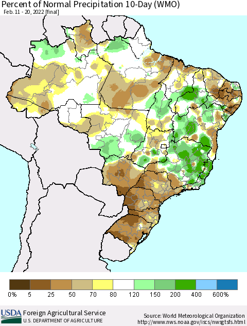 Brazil Percent of Normal Precipitation 10-Day (WMO) Thematic Map For 2/11/2022 - 2/20/2022