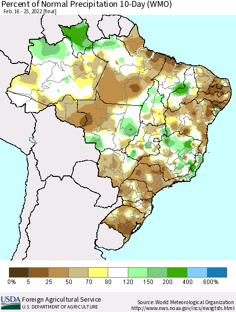 Brazil Percent of Normal Precipitation 10-Day (WMO) Thematic Map For 2/16/2022 - 2/25/2022