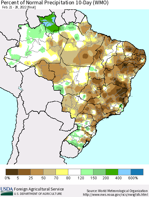 Brazil Percent of Normal Precipitation 10-Day (WMO) Thematic Map For 2/21/2022 - 2/28/2022