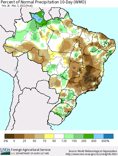 Brazil Percent of Normal Precipitation 10-Day (WMO) Thematic Map For 2/26/2022 - 3/5/2022