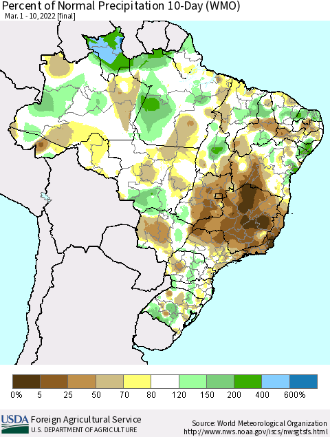 Brazil Percent of Normal Precipitation 10-Day (WMO) Thematic Map For 3/1/2022 - 3/10/2022